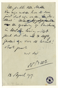 32693 Briefkaart van Nicolaas Beets aan de gemeentearchivaris Samuel Muller waarin hij verklaart dat zijn vader, D. ...